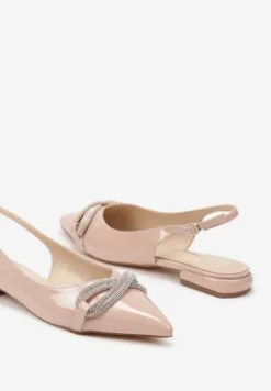 Beżowe Sandały na Płaskiej Podeszwie z Odkrytą Piętą i Kokardą z Cyrkonii Helfedi