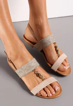 Beżowe Sandały na Płaskiej Podeszwie z Ozdobą z Koralików Nalla