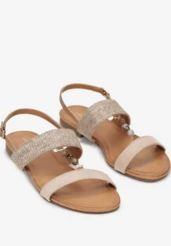 Beżowe Sandały na Płaskiej Podeszwie z Ozdobą z Koralików Nalla