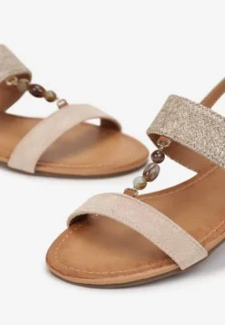 Beżowe Sandały na Płaskiej Podeszwie z Ozdobą z Koralików Nalla