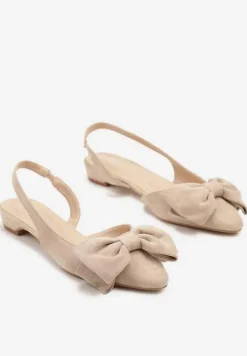 Beżowe Sandały na Płaskiej Podeszwie Slingback z Kokardą Leavindra