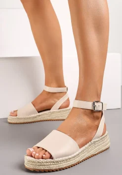 Beżowe Sandały na Płaskim Obcasie z Plecionką i Paskiem ze Sprzączką Linrewa