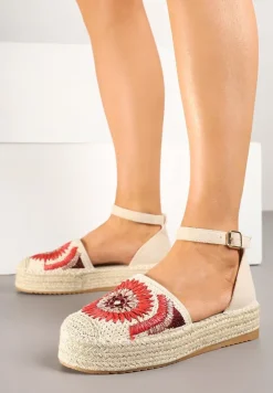 Beżowe Sandały na Platformie Ozdobione Plecionką Meraliria