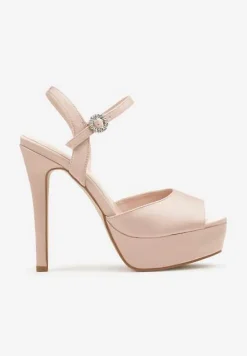 Beżowe Sandały na Platformie oraz Szpilce Wykończone Cyrkoniami Zapinane przy Kostce Hilagia