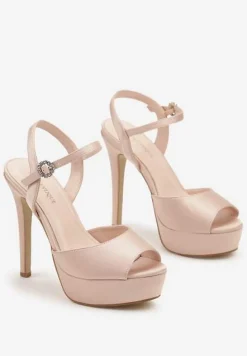 Beżowe Sandały na Platformie oraz Szpilce Wykończone Cyrkoniami Zapinane przy Kostce Hilagia