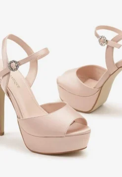 Beżowe Sandały na Platformie oraz Szpilce Wykończone Cyrkoniami Zapinane przy Kostce Hilagia