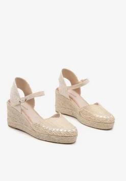 Beżowe Sandały na Plecionym Koturnie w Typie Espadryli Nanissa