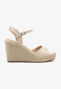 Beżowe Sandały na Plecionym Koturnie z Wkładką ze Skóry Naturalnej Devaraie