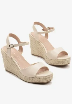 Beżowe Sandały na Plecionym Koturnie z Wkładką ze Skóry Naturalnej Devaraie