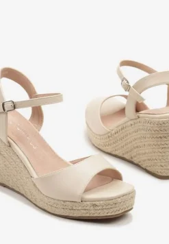 Beżowe Sandały na Plecionym Koturnie z Wkładką ze Skóry Naturalnej Devaraie