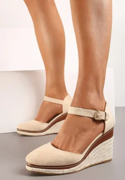 Beżowe Sandały na Plecionym Koturnie ze Sprzączką Catlinna