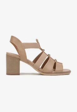 Beżowe Sandały na Słupku Ozdobione Metalicznymi Wstawkami Dolivella