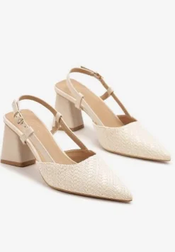 Beżowe Sandały na Słupku Typu Slingback Ozdobione Plecionką Koralisa