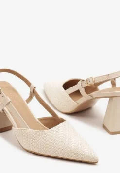 Beżowe Sandały na Słupku Typu Slingback Ozdobione Plecionką Koralisa