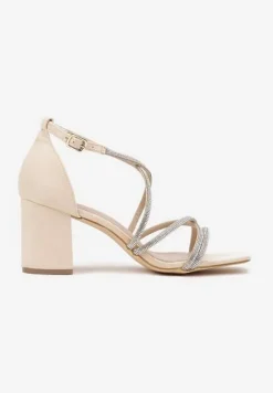 Beżowe Sandały na Słupku Vices Ozdobione Cyrkoniami Wiolavira