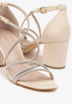 Beżowe Sandały na Słupku Vices Ozdobione Cyrkoniami Wiolavira