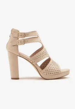 Beżowe Sandały na Słupku Vices Ozdobione Wycięciami i Perforacją Firaleia