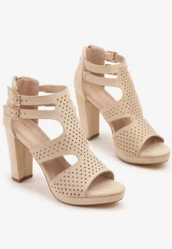 Beżowe Sandały na Słupku Vices Ozdobione Wycięciami i Perforacją Firaleia