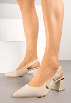 Beżowe Sandały na Słupku Vices Slingback ze Skórzaną Wkładką Vevoline