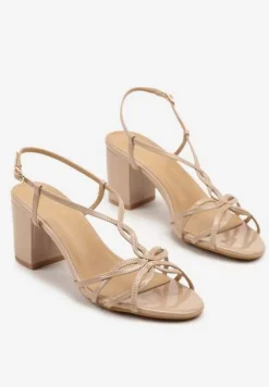 Beżowe Sandały na Słupku Vices Ozdobione Paskami Sanello