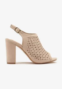 Beżowe Sandały na Słupku z Ażurową Cholewką i Skórzaną Wkładką Linalira