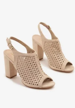 Beżowe Sandały na Słupku z Ażurową Cholewką i Skórzaną Wkładką Linalira