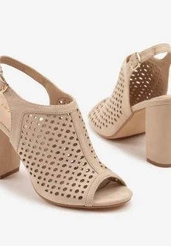Beżowe Sandały na Słupku z Ażurową Cholewką i Skórzaną Wkładką Linalira