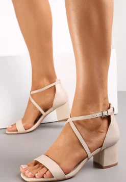 Beżowe Sandały na Słupku z Paseczkami Usebia