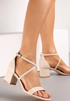 Beżowe Sandały na Słupku z Paseczkami Usebia