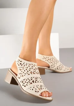 Beżowe Sandały na Słupku ze Skórzaną Wkładką z Ażurową Cholewką Sesalena