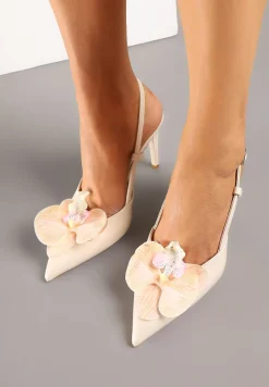 Beżowe Sandały na Szpilce Vices Slingback z Kwiatem 3D Koviano
