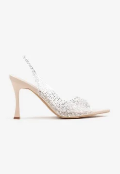 Beżowe Sandały na Szpilce z Transparentną Cholewką Ozdobione Perełkami i Cyrkoniami Risaras
