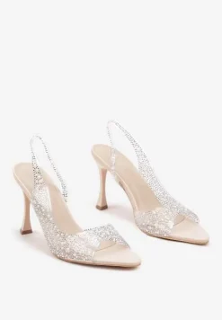 Beżowe Sandały na Szpilce z Transparentną Cholewką Ozdobione Perełkami i Cyrkoniami Risaras