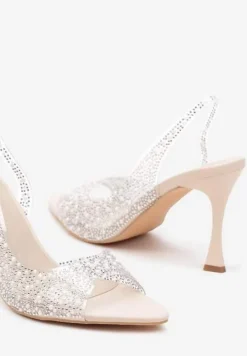 Beżowe Sandały na Szpilce z Transparentną Cholewką Ozdobione Perełkami i Cyrkoniami Risaras