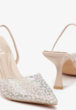Beżowe Sandały na Szpilce z Przezroczystym Noskiem w Cekiny i Perły Niria