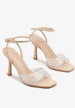 Beżowe Sandały na Szpilce z Cyrkoniami i Przezroczystą Cholewką Fidanalia