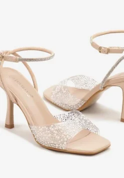 Beżowe Sandały na Szpilce z Cyrkoniami i Przezroczystą Cholewką Fidanalia