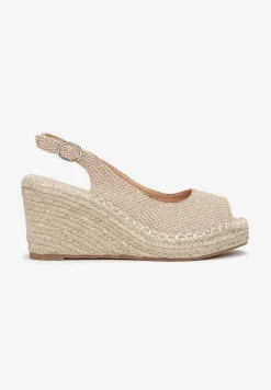 Beżowe Sandały Peep Toe z Plecioną Cholewką i Koturnem Zaylani