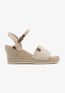 Beżowe Sandały Plecione na Koturnie z Juty Zapinane na Sprzączkę Arvila