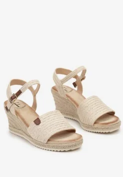 Beżowe Sandały Plecione na Koturnie z Juty Zapinane na Sprzączkę Arvila