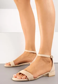 Beżowe Sandały Vices na Niskim Obcasie z Paskiem wokół Kostki Frodaia