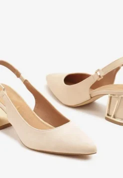 Beżowe Sandały Vices na Słupku ze Skórzaną Wkładką i Metaliczną Wstawką Sesoria