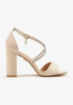 Beżowe Sandały Vices na Słupku Ozdobione Paskami z Cyrkonii Rovettia