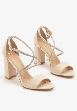 Beżowe Sandały Vices na Słupku Ozdobione Paskami z Cyrkonii Rovettia