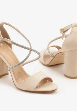 Beżowe Sandały Vices na Słupku Ozdobione Paskami z Cyrkonii Rovettia