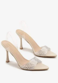 Beżowe Sandały Vices na Szpilce z Wkładką ze Skóry Naturalnej z Cyrkoniami Lumerelle