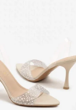 Beżowe Sandały Vices na Szpilce z Wkładką ze Skóry Naturalnej z Cyrkoniami Lumerelle