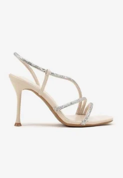 Beżowe Sandały Vices na Szpilce Ozdobione Paskami z Cyrkoniami Tilarea