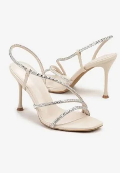Beżowe Sandały Vices na Szpilce Ozdobione Paskami z Cyrkoniami Tilarea