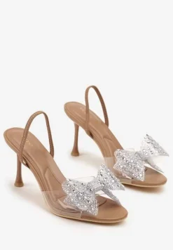 Beżowe Sandały Vices na Szpilce Ozdobione Cyrkoniową Kokardą Fenessa